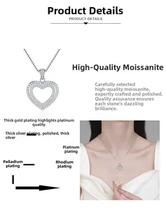 Detail of S925 silver heart necklace showing Moissanite setting and rhodium plating layers