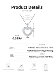 Detailed spec sheet for double heart 925 silver moissanite pendant necklace dimensions