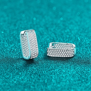 Luxurious S925 sterling silver geometric rectangular hoop earrings with moissanite pavé
