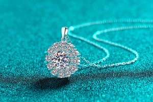 Close-up of S925 sterling silver sunflower pendant necklace with sparkling moissanite stones