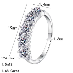 S925 sterling silver oval moissanite ring with detailed product dimensions and measurements