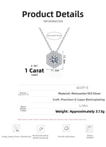 Macro detail of S925 silver hexagonal pendant with 1ct moissanite and 40+5cm chain specs
