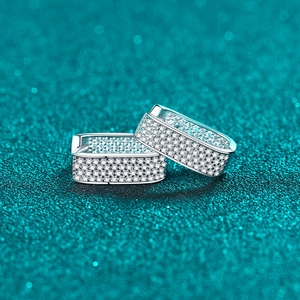 Sparkling S925 sterling silver rectangular hoop earrings with full moissanite stones