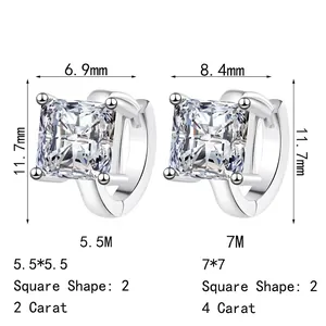Boucles d'oreilles carrées en argent S925 et moissanite de 2ct et 4ct avec mesures