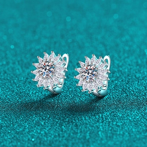 S925 Sterling Silver Moissanite Zirconia Sunflower Huggie Earrings Elegant Flower Hoop Earrings For Women Luxury Jewelry Gift