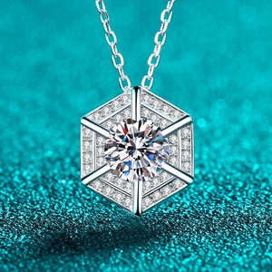925 Sterling Silver Hexagon Pendant Necklace For Women Round Moissanite Zirconia Snowflake Geometric Elegant Fine Jewelry Birthday Gift