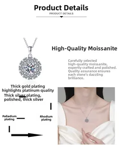 Detail of sunflower moissanite pendant with multi-layer plating and model try-on view