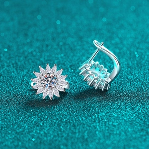 S925 sterling silver maple leaf moissanite earrings with sparkling sunflower zircon petals
