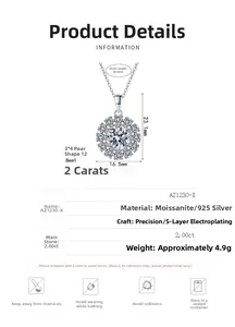 Detailed view of 925 silver sunflower pendant with 2ct moissanite and dimensions