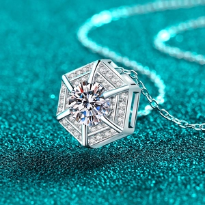 S925 sterling silver hexagonal moissanite pendant necklace with brilliant round center stone