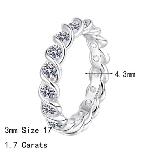 Bague en argent massif S925 avec moissanite 1,7ct et double anneau torsadé