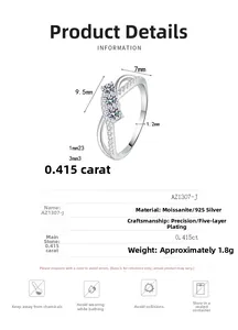 Detailed specs of S925 sterling silver moissanite ring with 0.415ct main stone