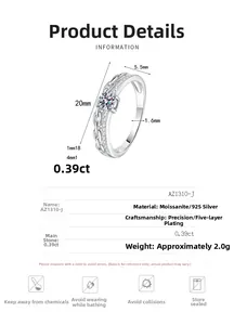 Detailed chart showing 925 silver moissanite ring dimensions and material specifications