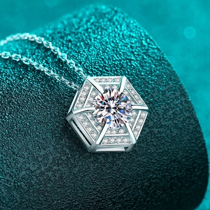 Minimalist S925 sterling silver moissanite necklace with hexagonal halo pendant on blue base