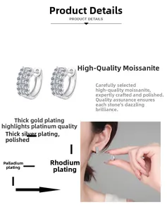 Detailed view of S925 sterling silver hoop earrings with moissanite pavé and plating layers