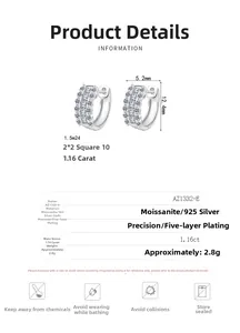 Detail of S925 silver hoop earrings with moissanite pave setting and size specs