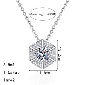S925 sterling silver necklace with a 1 carat hexagonal moissanite pendant and chain