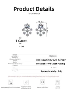 Detail view of S925 silver snowflake earrings with 1ct moissanite and size specs