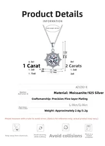 Detailed specs of S925 silver moissanite flower necklace with size and weight charts