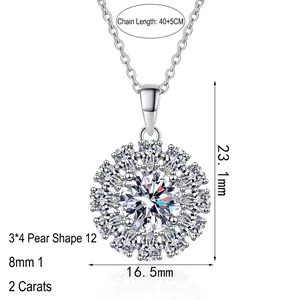 S925 Sterling Silver Moissanite Sunflower Pendant Necklace with 2ct Center Stone