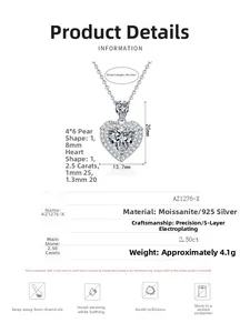 Macro detail of 2.5ct heart-shaped Moissanite necklace with 925 silver dimensions