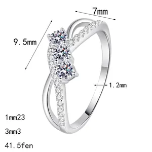 S925 sterling silver moissanite ring with double-layered cross band and detailed dimensions