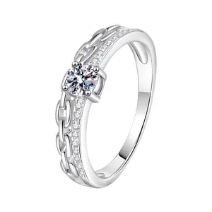 Elegant S925 sterling silver moissanite ring with a double-layer chain band design