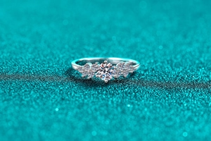 Macro shot of S925 sterling silver moissanite ring with snowflake clusters and star setting