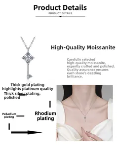 Detailed view of moissanite key pendant in silver plating with model wearing shot