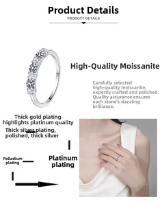 Detail showing triple-set moissanite stones and rhodium-plated silver ring band layers