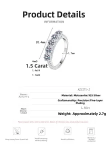 Macro detail of S925 sterling silver ring featuring 1.5ct moissanite stones and dimensions
