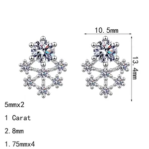 S925 sterling silver snowflake earrings with 1 carat moissanite and round cut stones