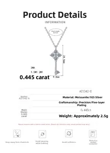 Detail specifications of S925 sterling silver moissanite key pendant necklace with dimensions