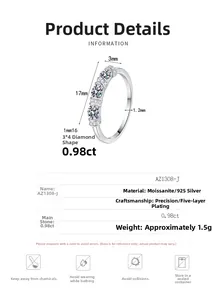 Detailed size specifications for 925 sterling silver moissanite ring with dimensions