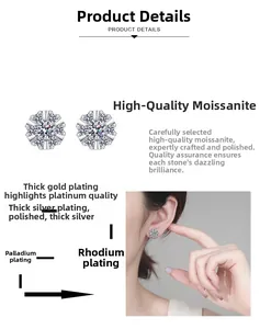 Detail of snowflake moissanite earrings showing multi-layer plating and polished finish
