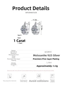 Detailed view of S925 sterling silver moissanite earrings with size and weight specs