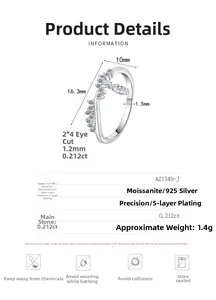 Detailed size chart and specifications for the marquise moissanite ring in 925 silver