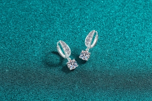 Detail of S925 sterling silver hoop earrings with round brilliant moissanite charms