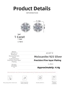 S925 sterling silver sunflower stud earrings with 1ct moissanite stones and size details