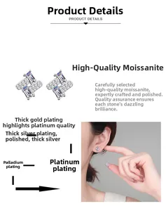 Detail of S925 sterling silver moissanite stud earring with thick gold plating on model