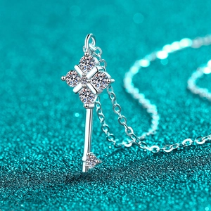 Exquisite S925 sterling silver key pendant necklace with sparkling moissanite stones