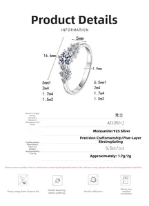 Detailed size specifications for Moissanite S925 silver ring with 5-layer plating