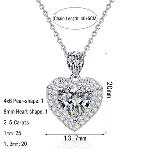 S925 sterling silver heart-shaped moissanite necklace with pear-shaped stone and O-chain