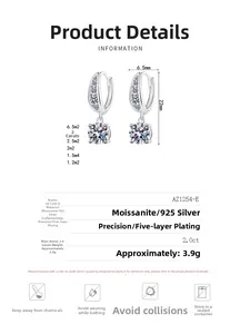 Detail view showing 925 silver Moissanite earrings dimensions 22mm x 6.5mm and 2.0ct weight