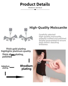 Detailed S925 sterling silver moissanite stud earrings with a unique fan-shaped design