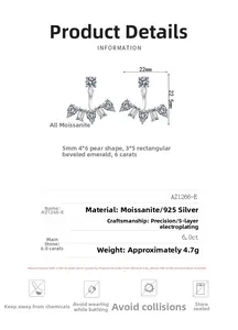 Technical chart of 6.0ct moissanite S925 silver earrings with detailed size dimensions