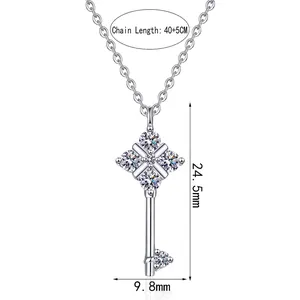 S925 sterling silver moissanite key pendant necklace with floral quatrefoil design