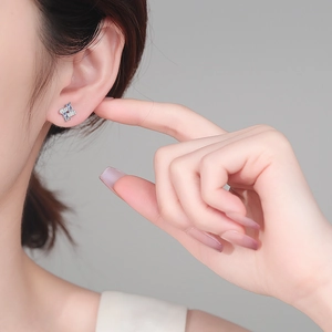 Minimalist S925 silver moissanite stud earrings with blue and white geometric rectangles