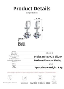 Dettagli degli orecchini moissanite in argento S925 con design a T e pietra 4ct