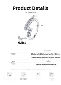 Detail specifications of S925 silver open ring featuring seven 0.8ct moissanite stones